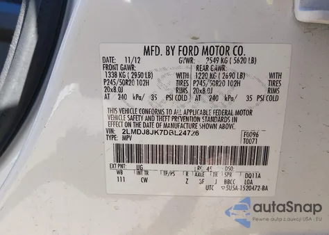 2013 Lincoln Mkx z USA, uszkodzony, nr VIN 2LMDJ8JK7DBL24726